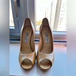 Jimmy Choo Nude Patent Leather Peep Toe Pumps